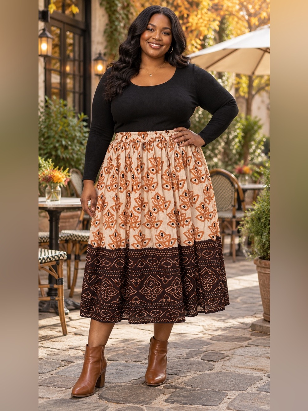 Jessica Taylor Plus 3X Boho Border Print Rayon Midi Skirt Elastic Waist